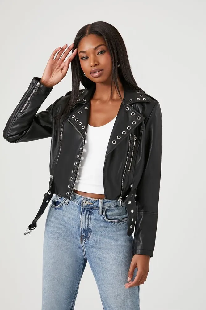 Studded faux shop leather moto jacket