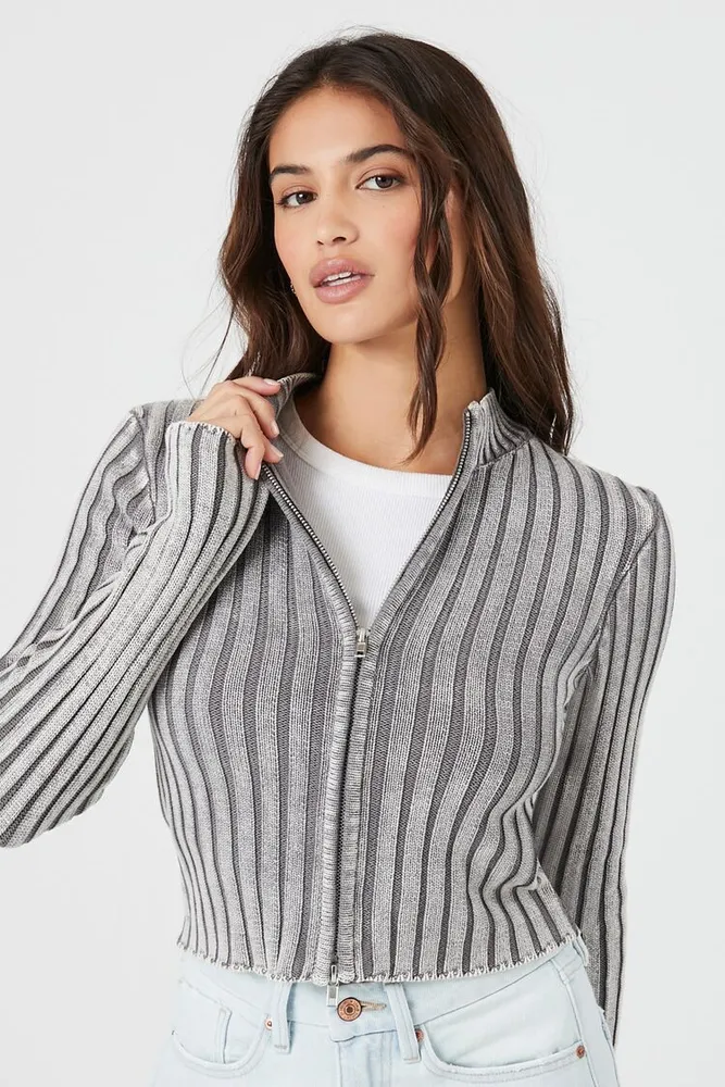 Forever 21 Women s Ribbed Knit Zip Up Sweater in Dark Grey Small