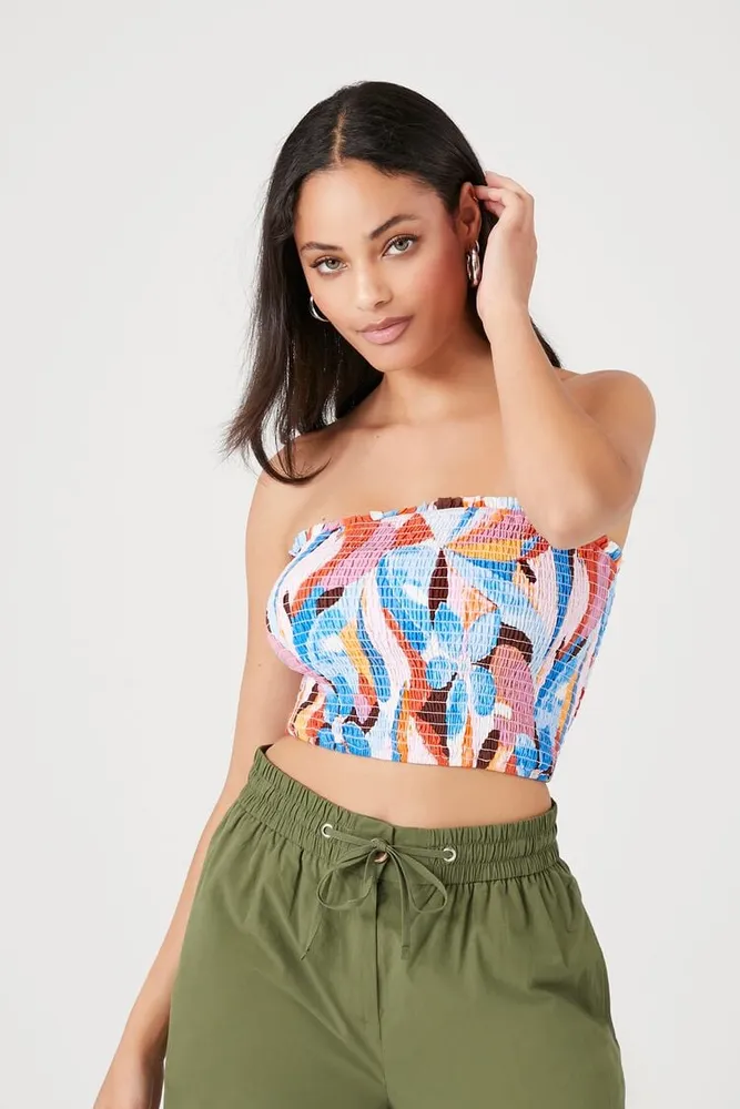 Forever 21 Women s Tropical Print Smocked Tube Top Blue