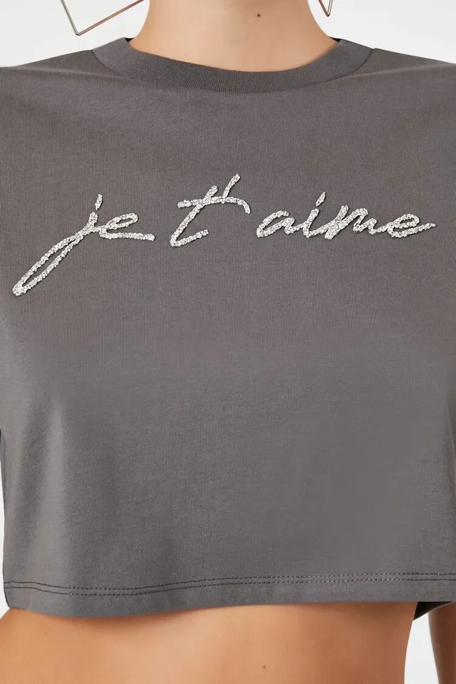 Forever 21 Women s Je Taime Graphic Cropped T Shirt Charcoal