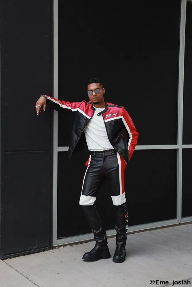 Colorblock leather clearance pants