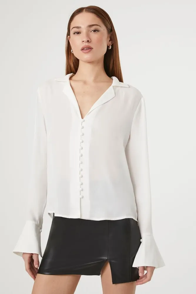 Forever 21 Women s High Low Trumpet Sleeve Shirt in White XS