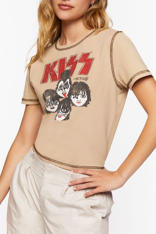 Forever 21 Women s KISS x Emoji Rhinestone Graphic Baby T Shirt in