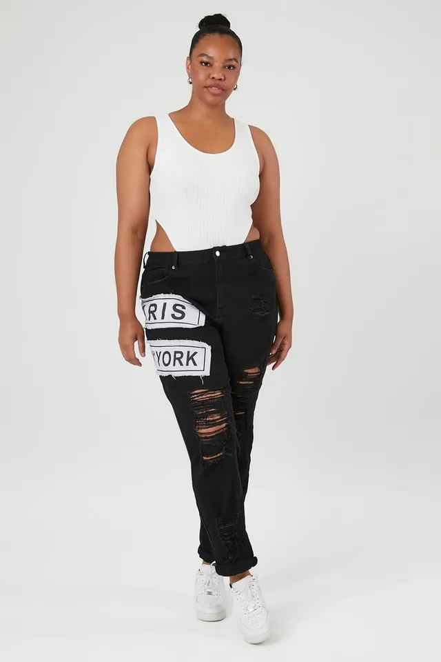 Forever 21 Women s Distressed Graphic Patch Jeans in Black White