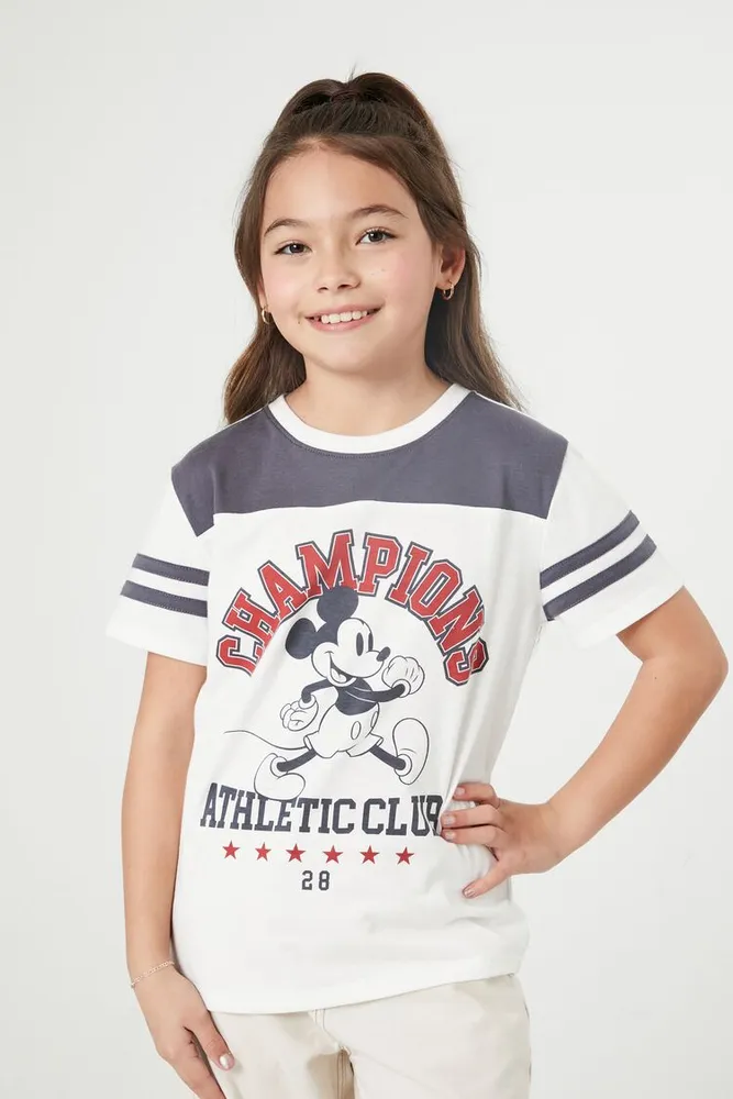 Forever 21 Girls Mickey Mouse Varsity T Shirt Kids in White 7 8