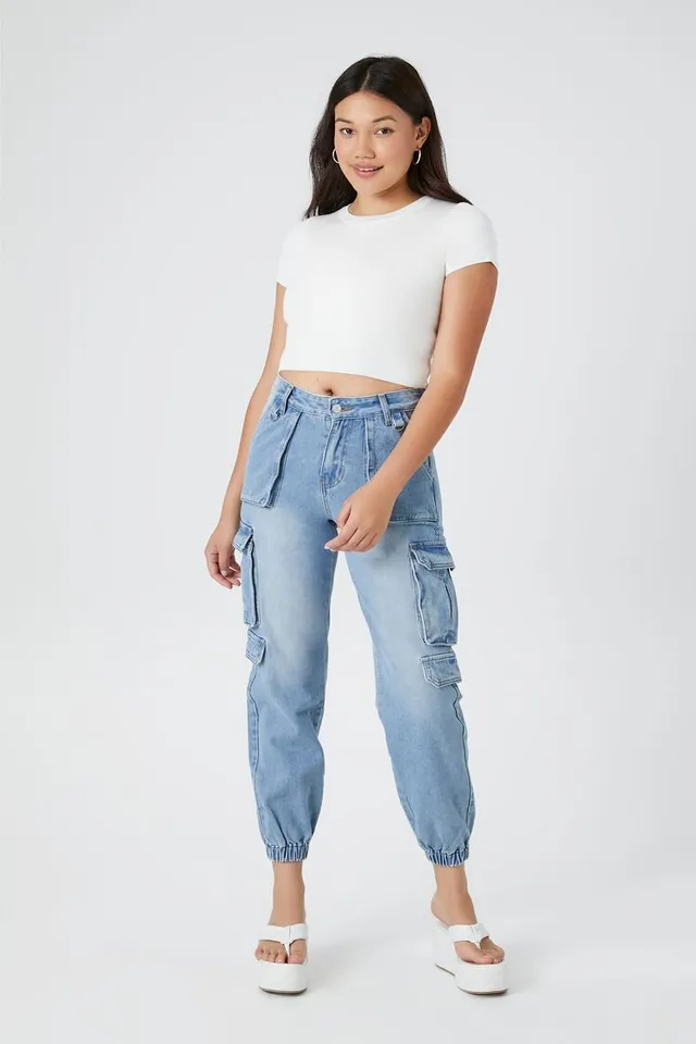 Forever 21 Women s Stretch Denim Cargo Joggers in Light Denim 28
