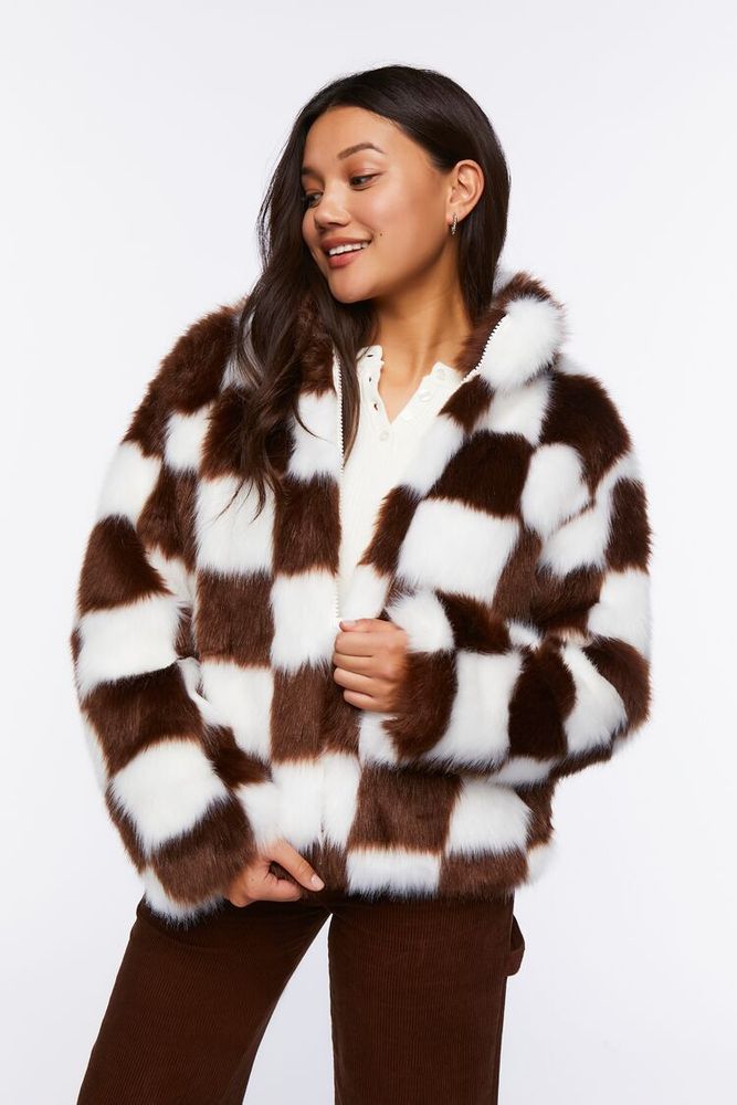 Forever 21 Women s Checkered Faux Fur Coat Dark Brown White