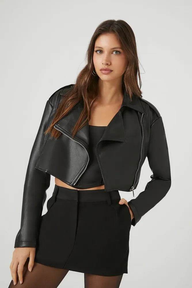 Forever 21 Women s Faux Leather Cropped Moto Jacket in Black