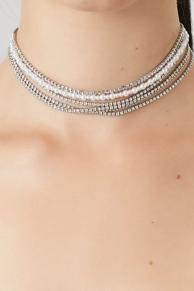 Forever 21 Women s Faux Pearl Rhinestone Choker Necklace in