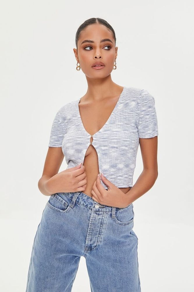 Forever 21 Women s Marled Sweater Knit Crop Top in Blue Large