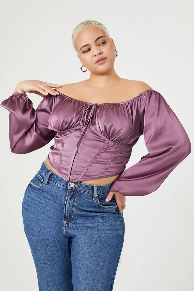 Forever 21 Women s Off the Shoulder Satin Top in Purple 1X