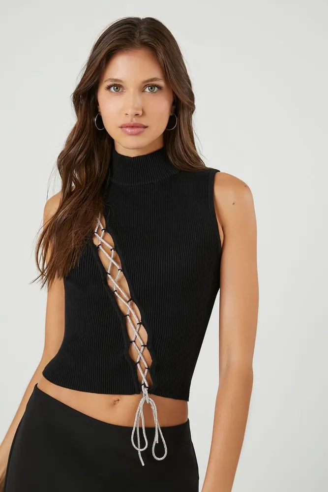 Forever 21 Women s Lace Up Turtleneck Crop Top in Black Medium