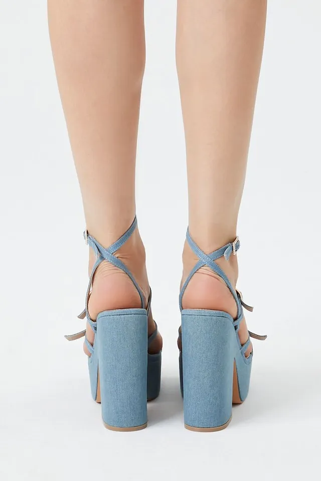 Forever 21 Women s Rhinestone Denim Platform Block Heels 7