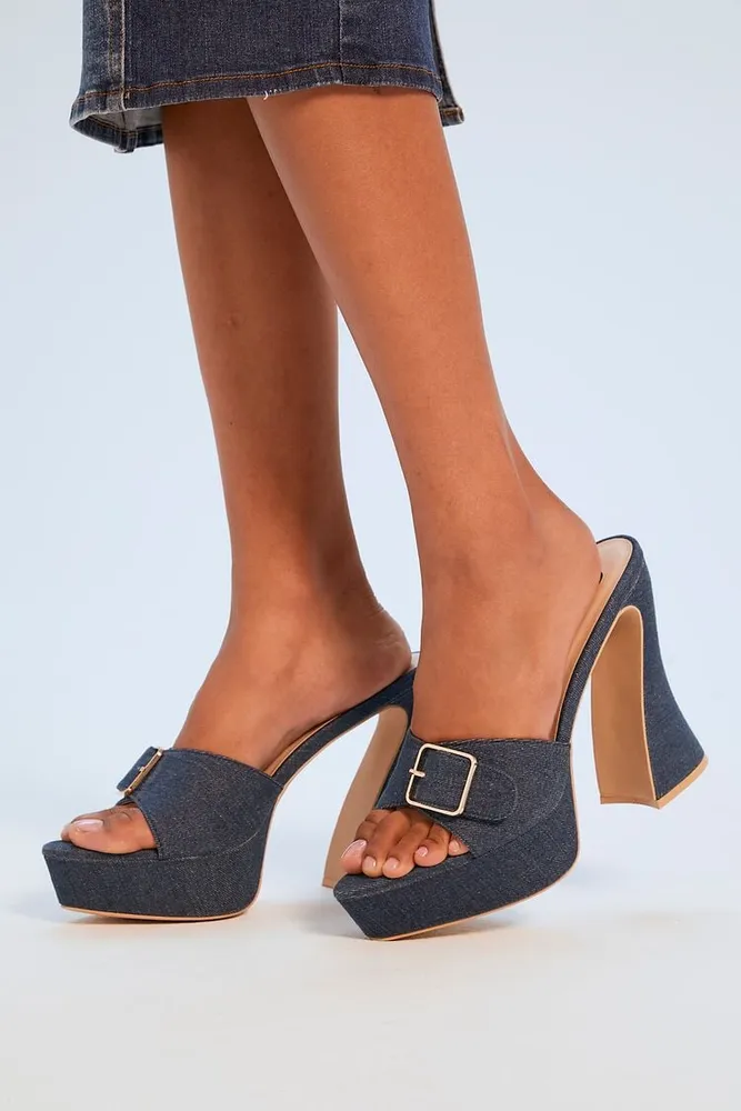 Forever 21 Women s Buckle Denim Flare Heels in Blue 7
