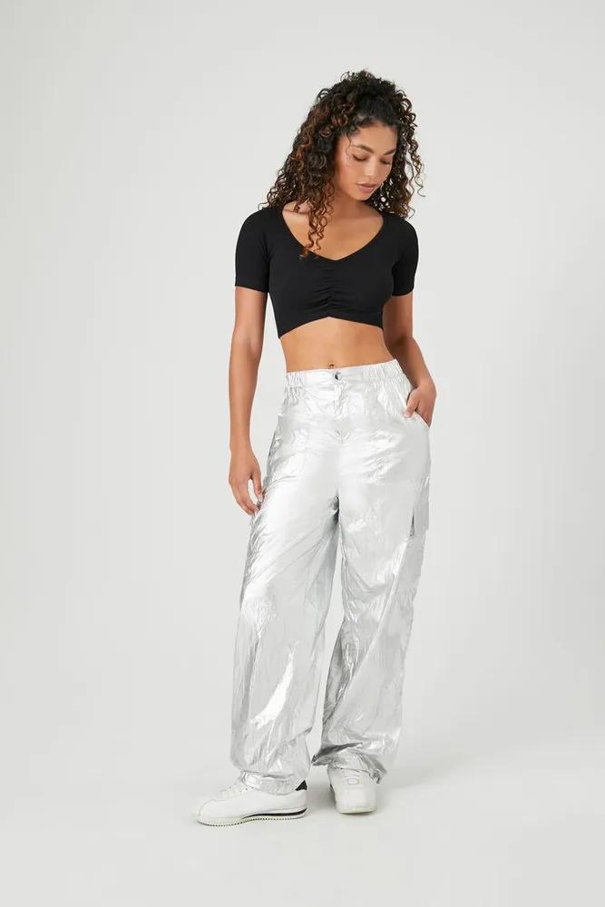 Forever 21 Women s Metallic Cargo Pants in Silver Medium