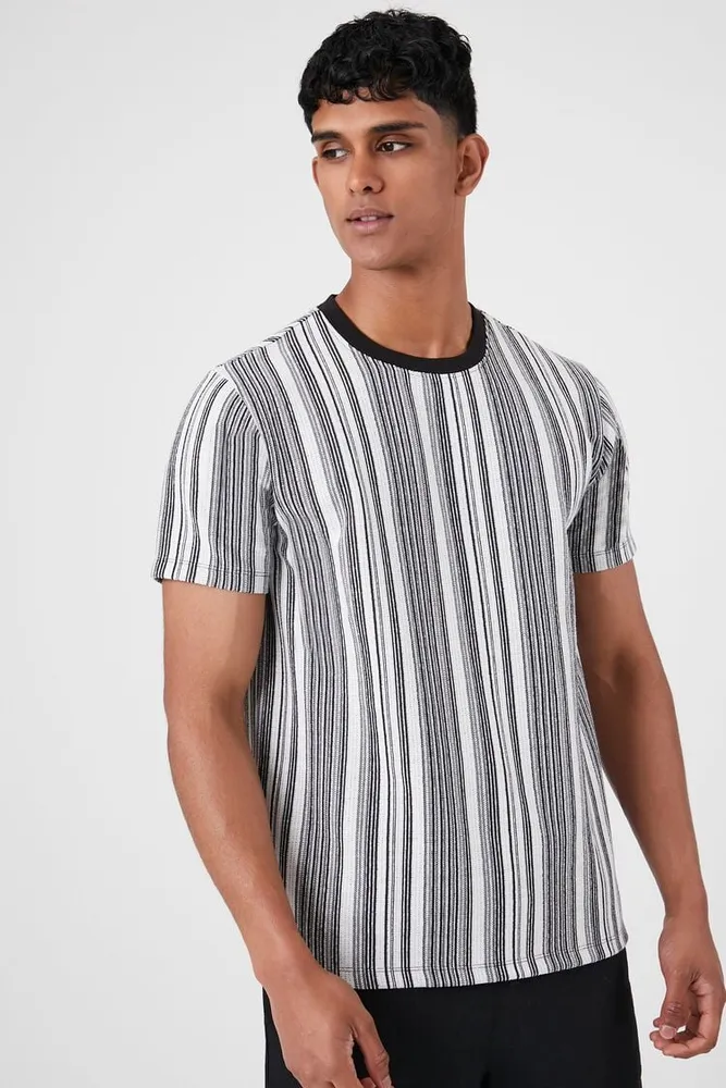 Forever 21 Men Textured Striped Crew T Shirt in Black XXL