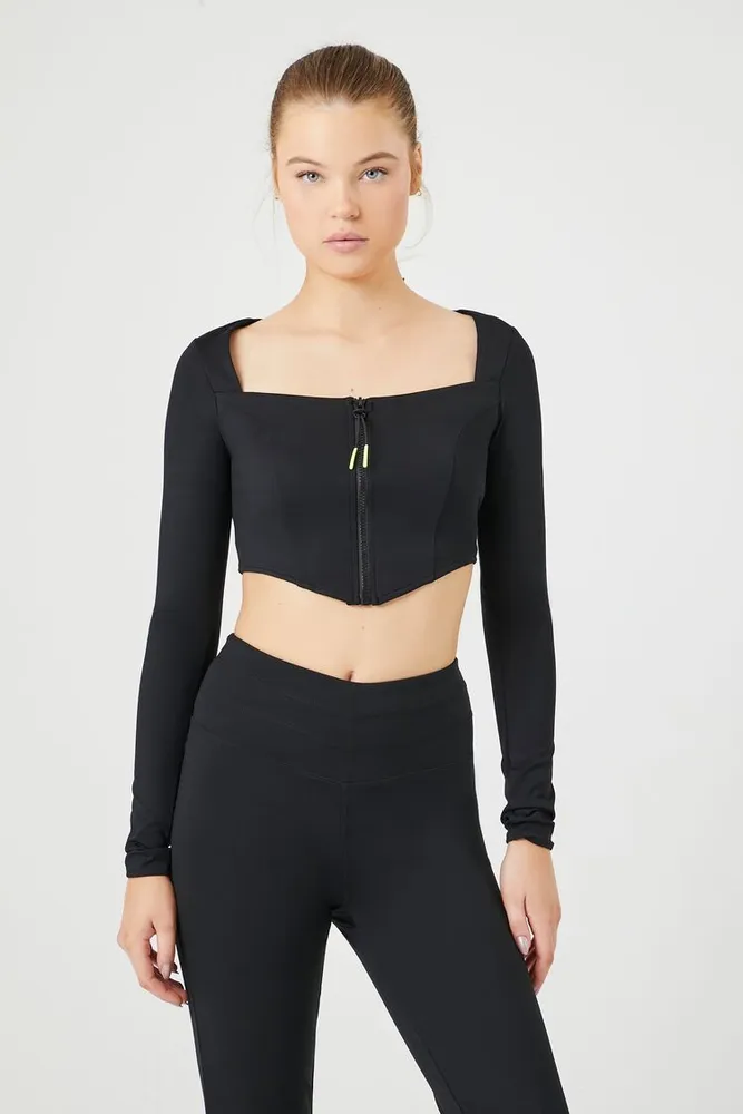 Forever 21 Women s Active Zip Up Pointed Crop Top in Black Small