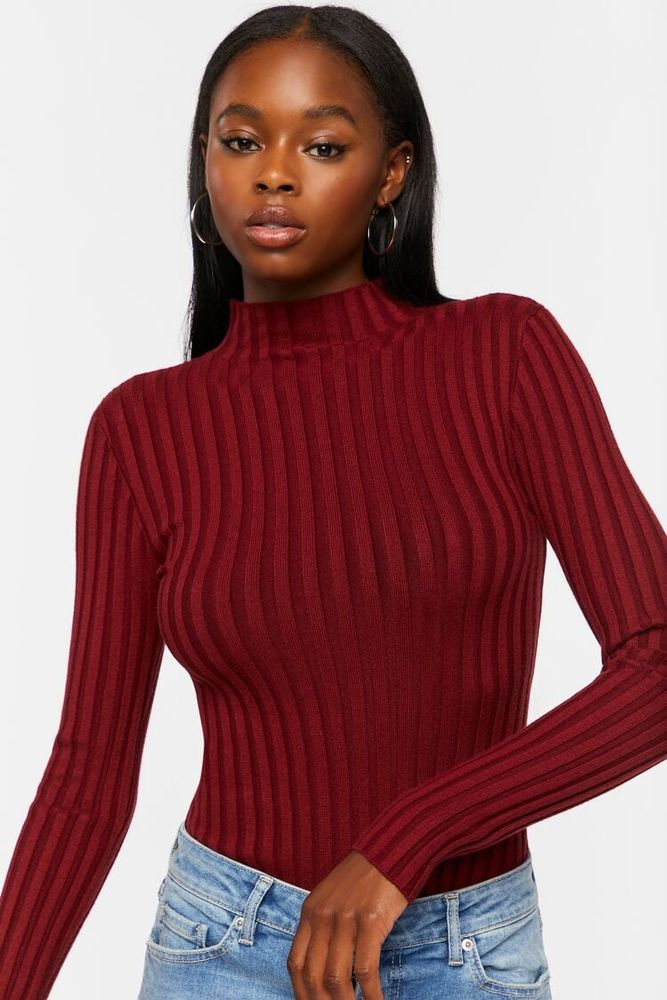 Forever 21 Women s Lettuce Edge Mock Neck Bodysuit Wine
