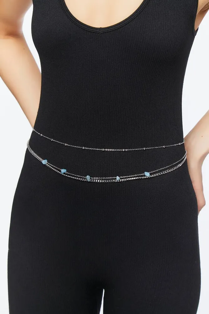 Forever 21 Women s Faux Stone Layered Belly Chain in Silver Blue