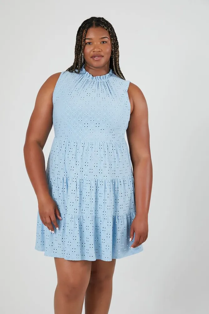 Forever 21 Women s Tiered Eyelet Mini Dress in Light Blue 3X