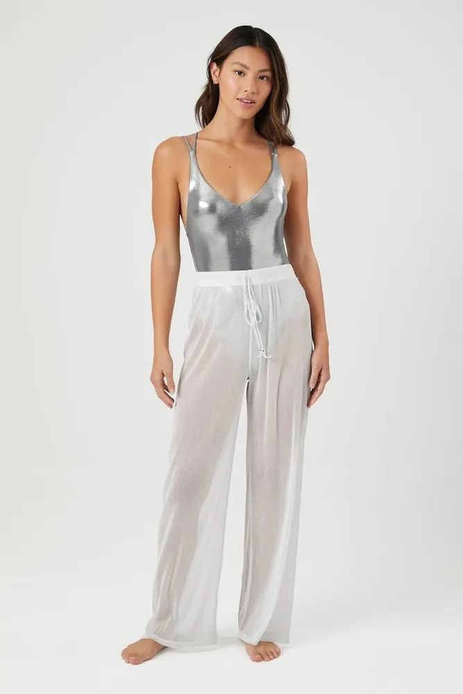 Forever 21 Women s Sheer Glitter Swim Cover Up Pants Silver