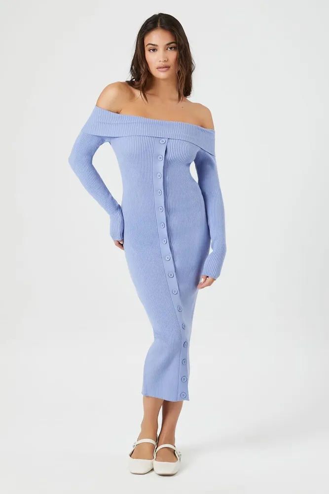 Blue off the shoulder sweater dress cheap