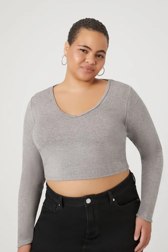 Forever 21 Women s Fitted V Neck Crop Top in Grey CoolSprings