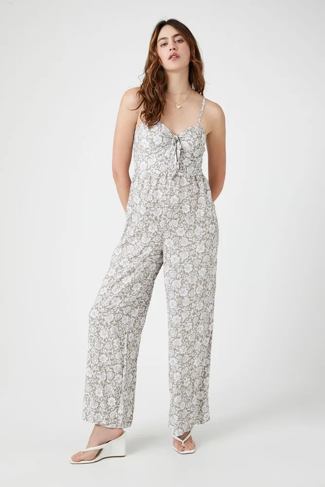 Forever 21 Women s Floral Print Wide Leg Jumpsuit in Sage Medium