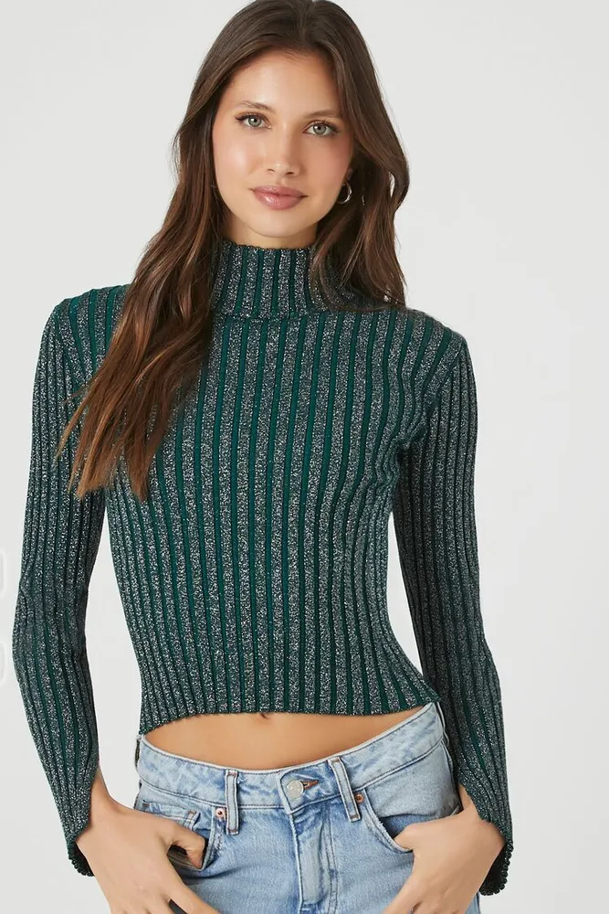 Forever 21 Women s Glitter Knit Turtleneck Sweater Emerald