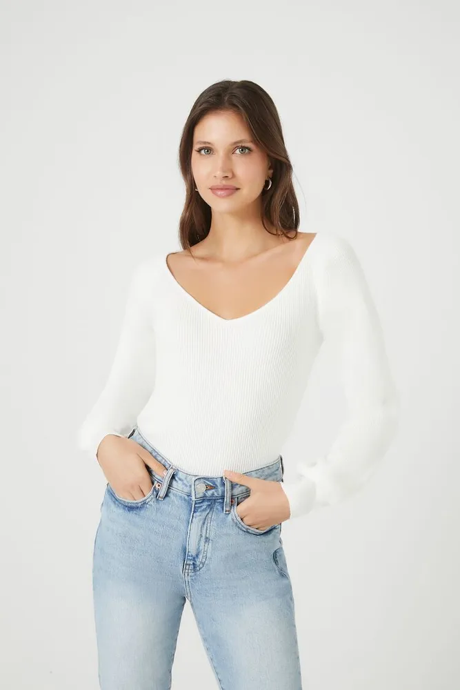 Forever 21 Women s Ribbed Knit V Neck Sweater in White Medium