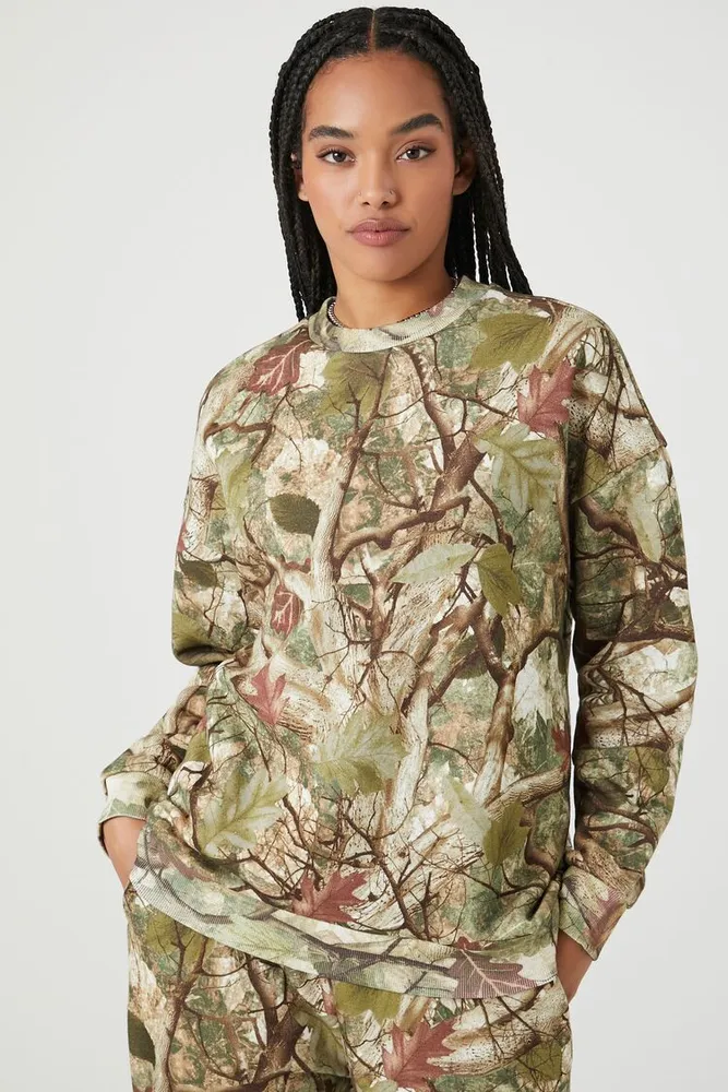 Forever 21 Women s Fleece Leaf Print Pullover in Olive Medium