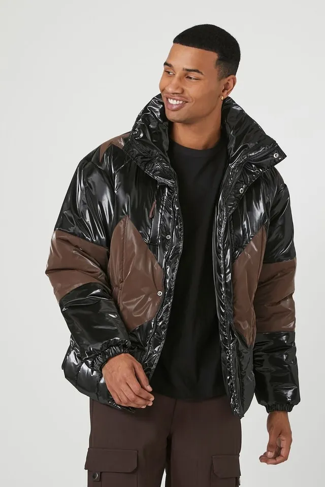 Forever 21 Men Faux Patent Leather Puffer Jacket in Black/Cocoa