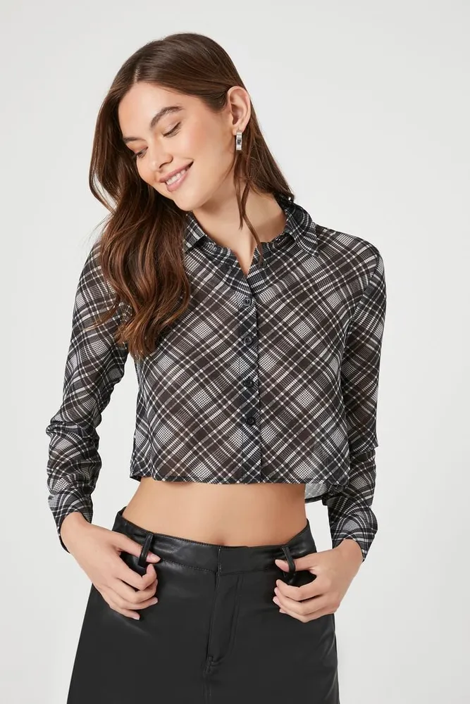 Forever 21 Women s Chiffon Plaid Cropped Shirt CoolSprings Galleria
