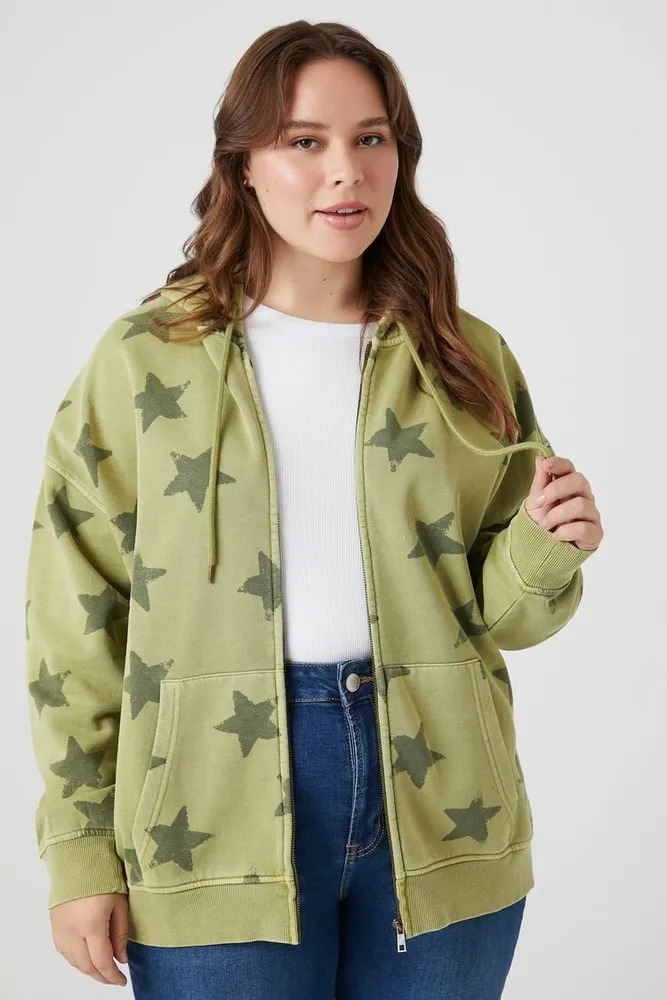 Forever 21 Women s Star Print Zip Up Hoodie Olive CoolSprings