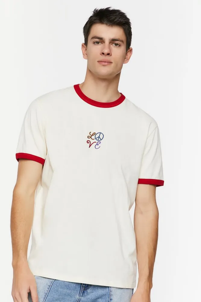 Forever 21 Men Embroidered Love Ringer Tee in Cream Medium