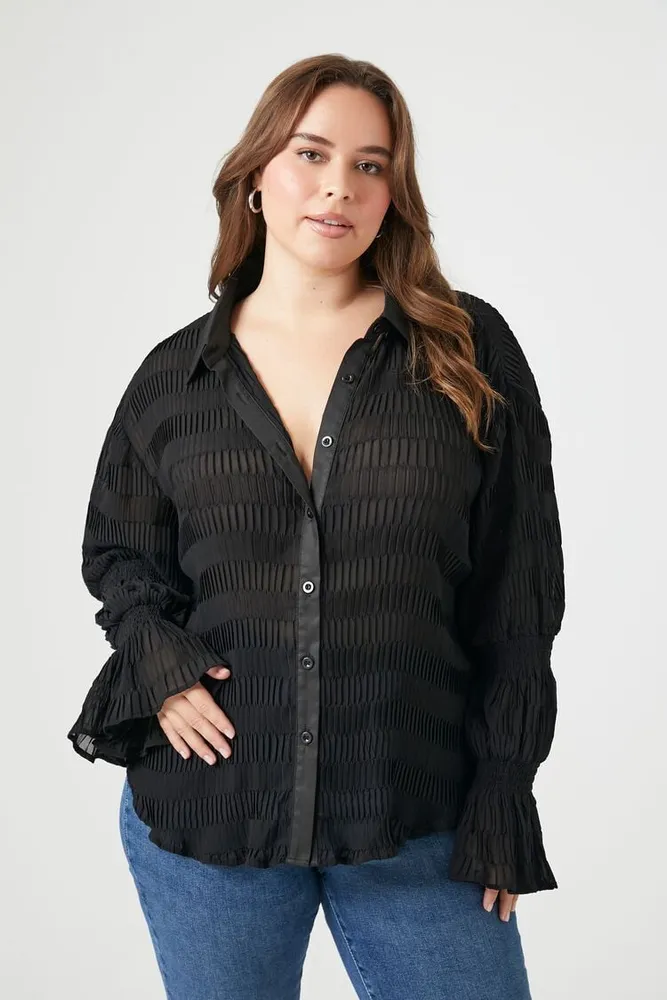Forever 21 Women s Chiffon Lettuce Edge Shirt in Black 0X
