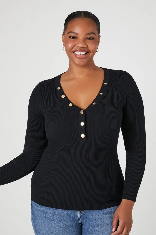 Forever 21 Women's Ribbed Knit Henley Top in Black, 1X | MainPlace
