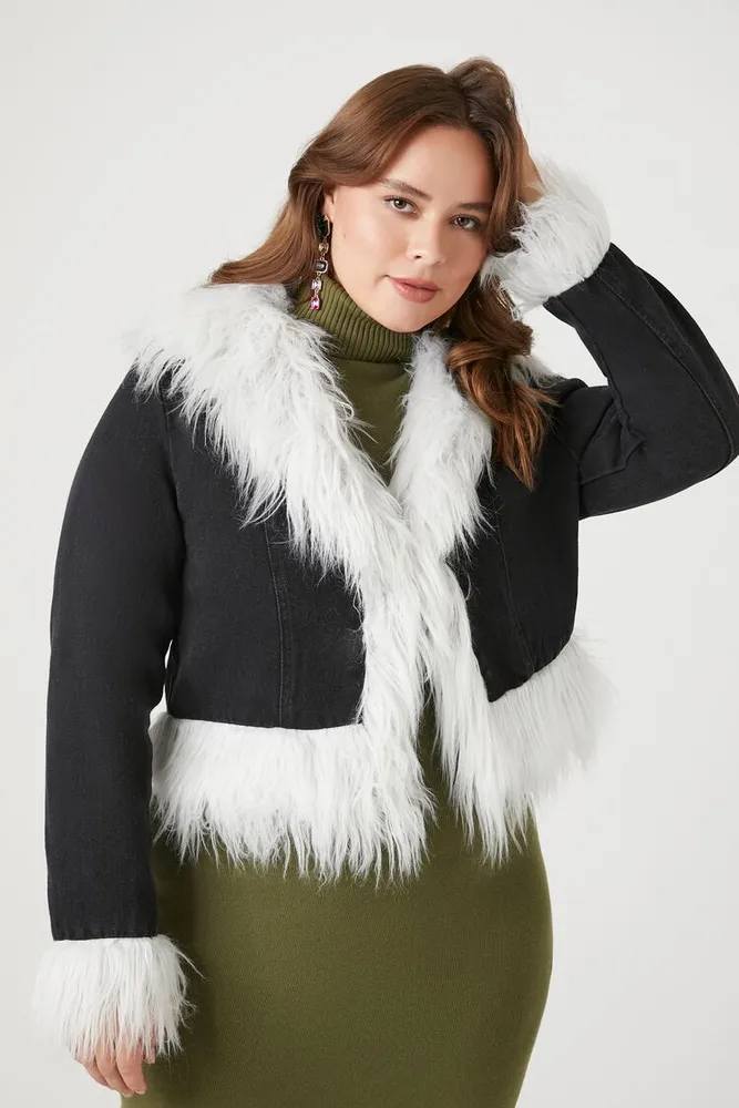 Forever 21 Women s Cropped Faux Fur Denim Jacket in Black White