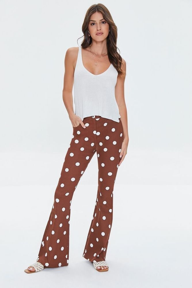 Forever 21 Women s Polka Dot Print Flare Pants in Brown White