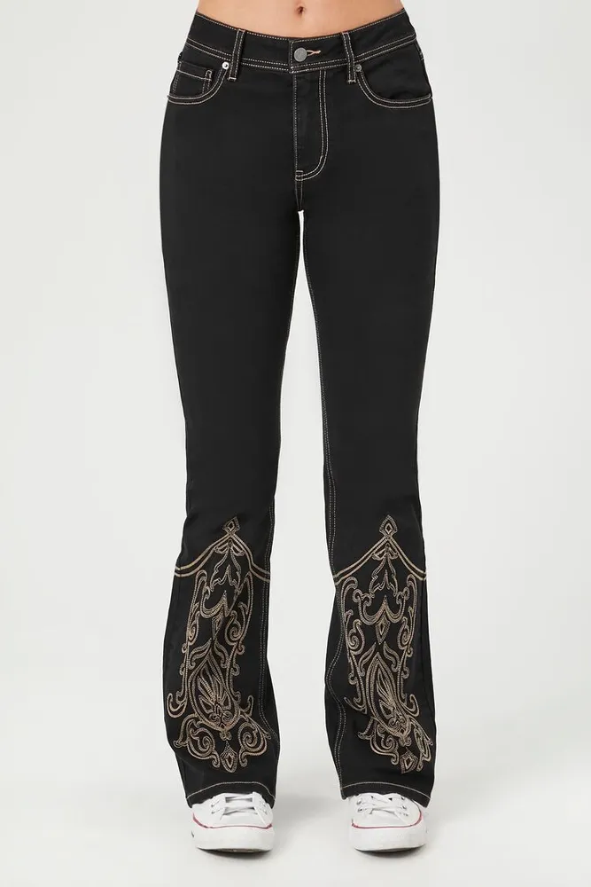 Forever 21 Women s Embroidered Mid Rise Bootcut Jeans in Black 28