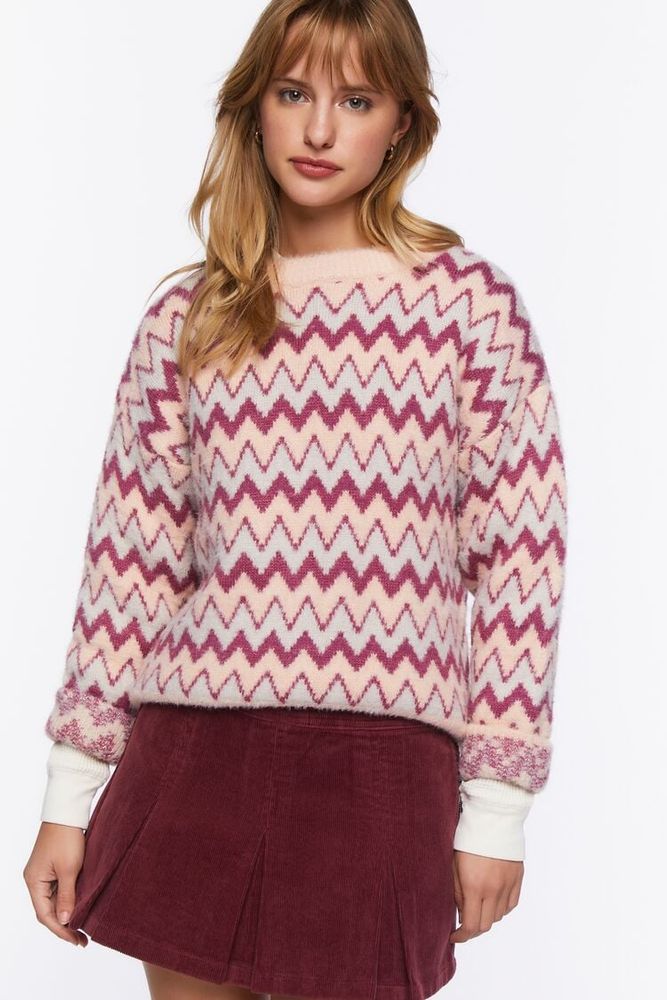 Forever 21 Women s Fuzzy Chevron Print Sweater in Blush Large