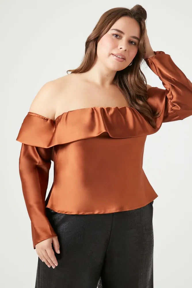 Forever 21 Women s Satin Off the Shoulder Top in Chestnut 1X