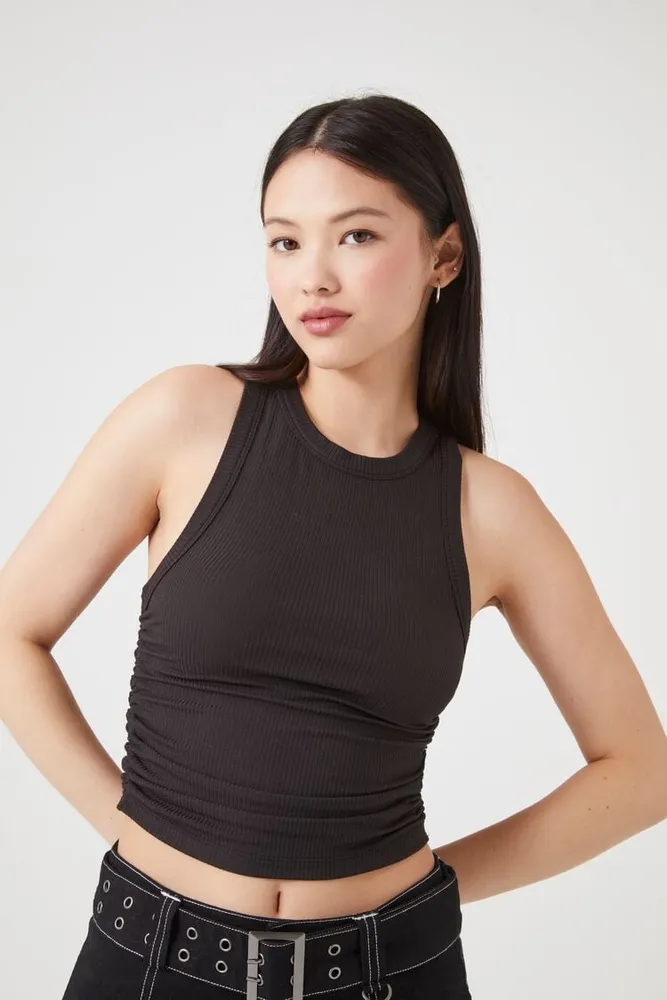 Forever 21 Women s Ruched Cropped Tank Top in Black XS