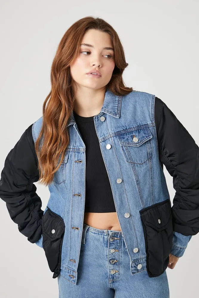 Forever 21 Women s Colorblock Denim Bomber Jacket Medium