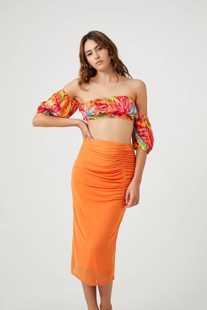 Forever 21 Women s Mesh Ruched Midi Skirt in Orange Small