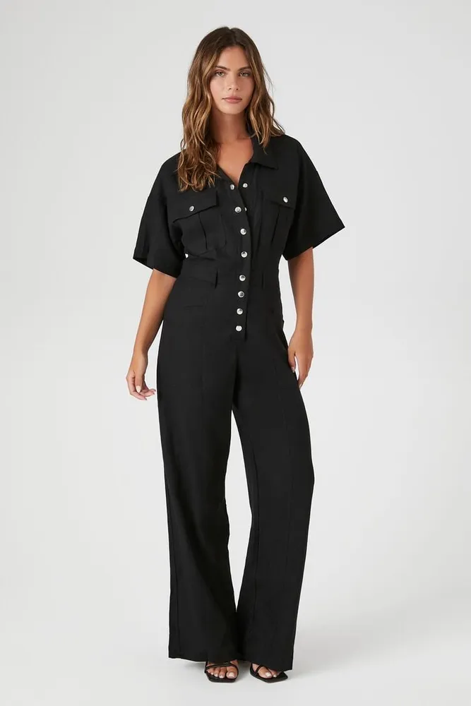 Forever 21 Women s Linen Snap Button Jumpsuit in Black Small