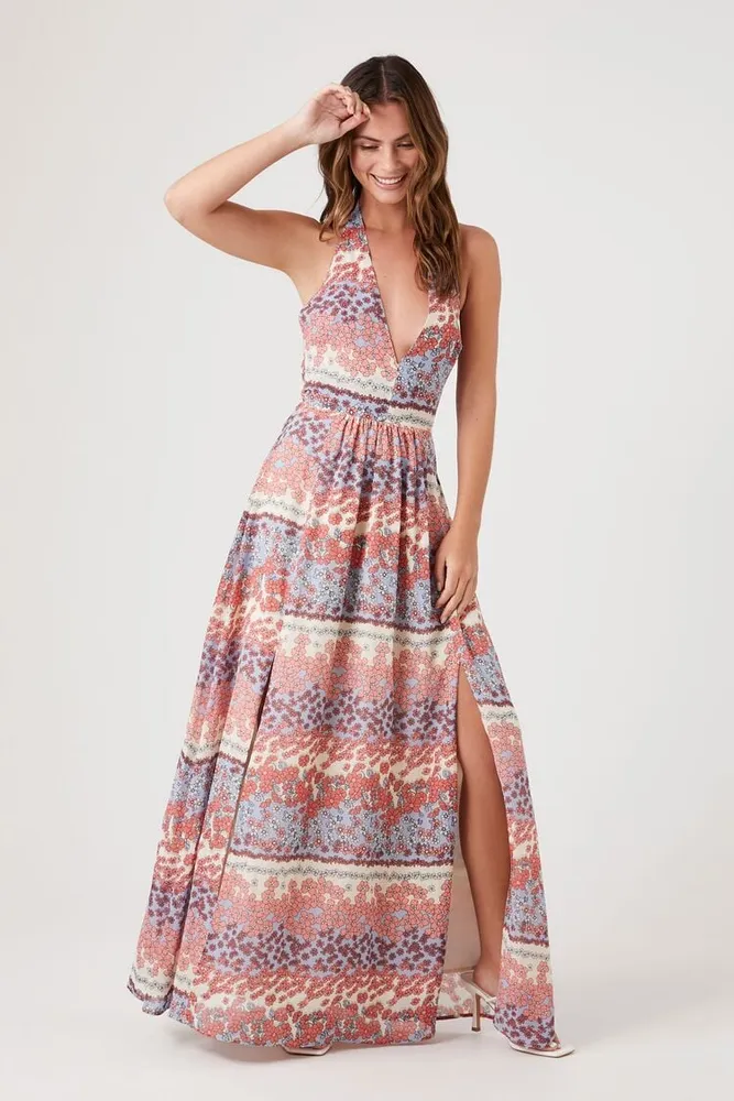 Forever 21 Women s Floral Plunging Maxi Dress in Light Blue Small