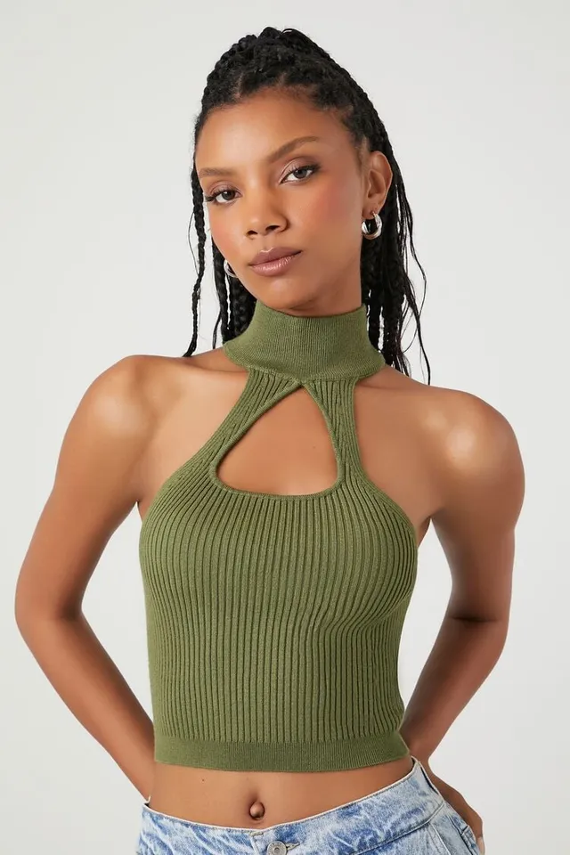 Forever 21 Women's Sweater-Knit Mock Neck Crop Top in Cypress