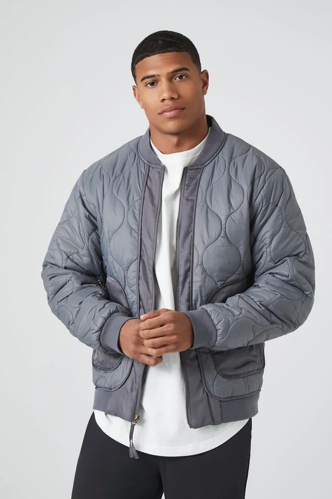 Forever 21 Men Quilted Bomber Jacket in Grey Light Grey XXL