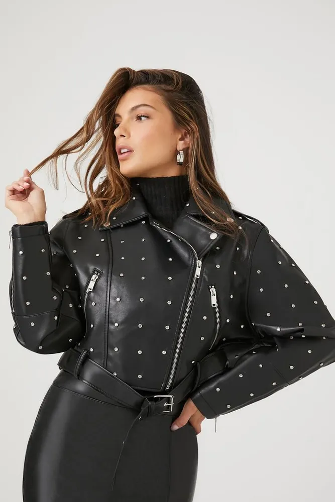 Forever 21 Women s Rhinestone Faux Leather Moto Jacket in Black